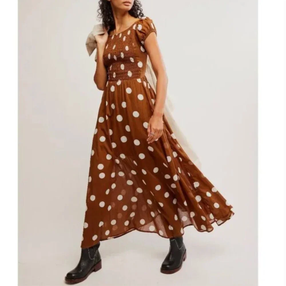 NEW Free People Ultraviolet Dress Polka Dot Maxi Cotton in Oak 4J2 266